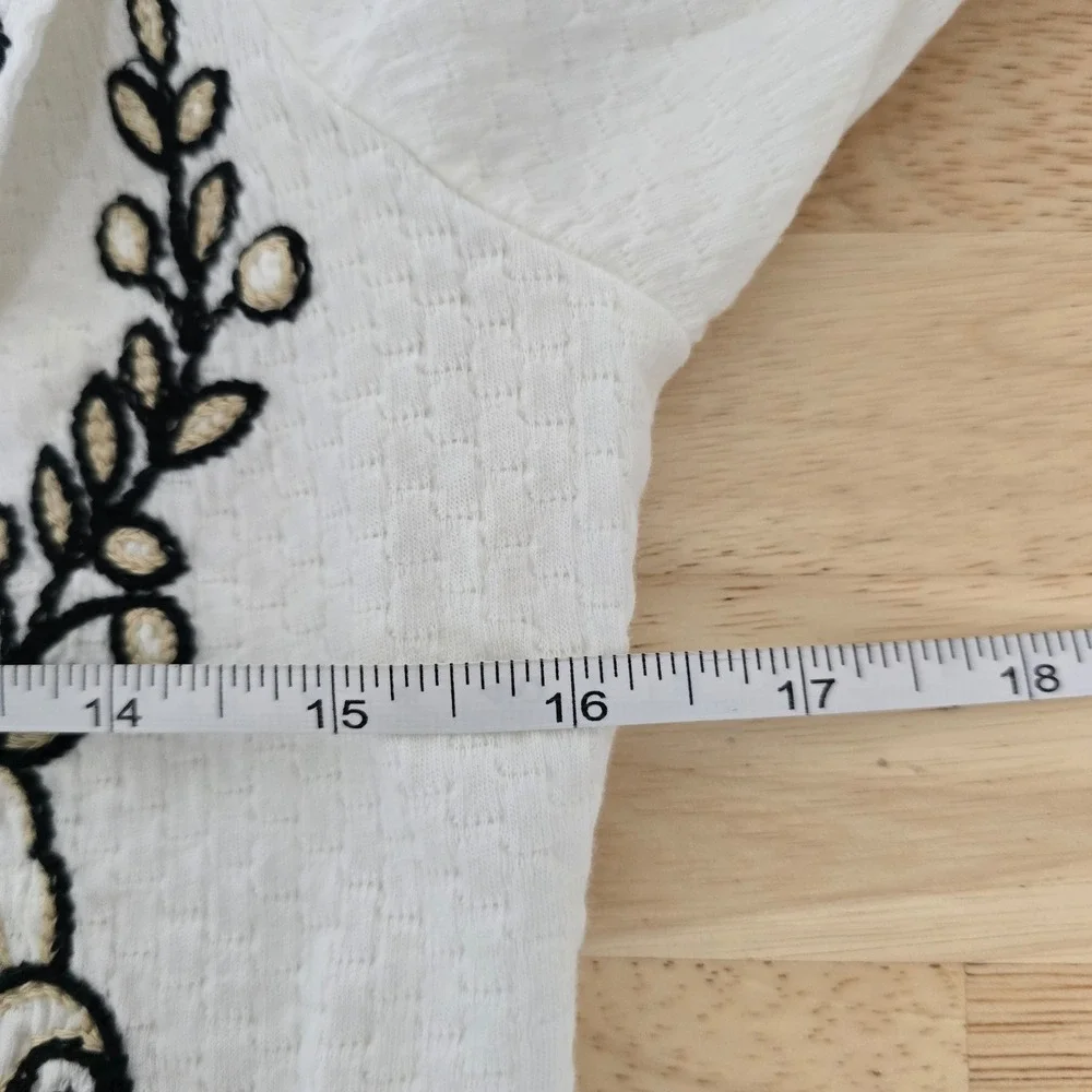 Anthropologie Embroidered Puff Sleeve Cropped Top White Square Neck Womens Small